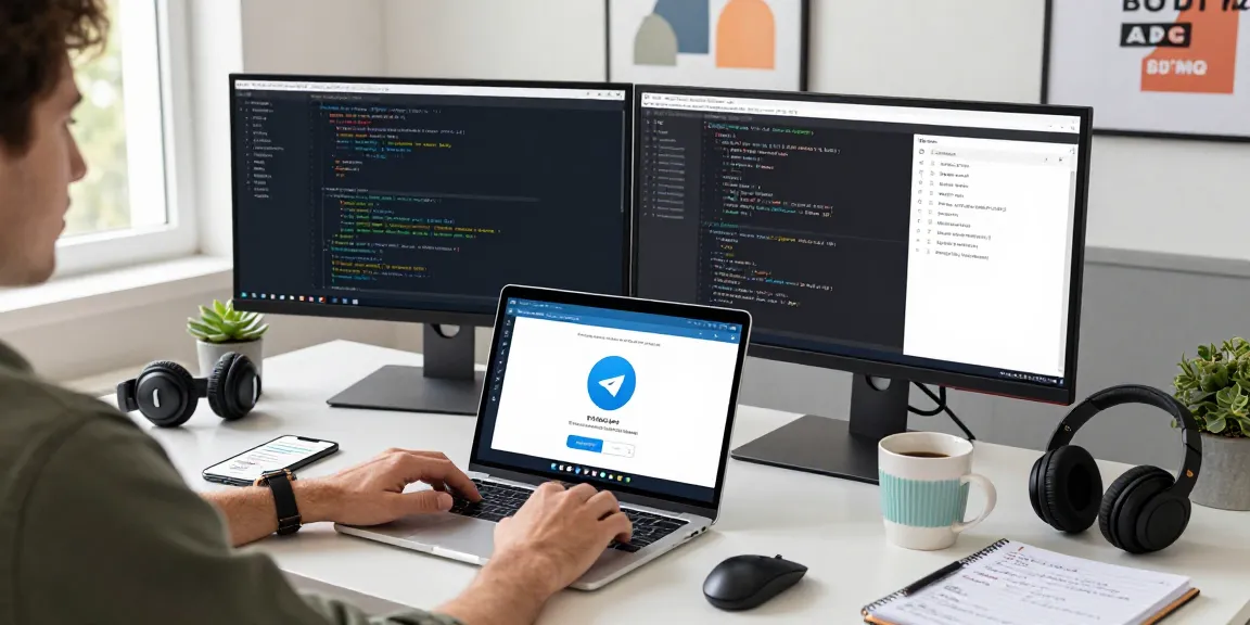 Explore the Telegram Web Version in a modern workspace with tech gadgets and vibrant office elements.